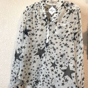 Fun 2 Fun Ivory sheer star button down blouse Women’s Medium NWT